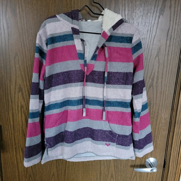 ROXY Pink Purple Striped Fleece Hoodie Size Medium - Picture 15 of 16